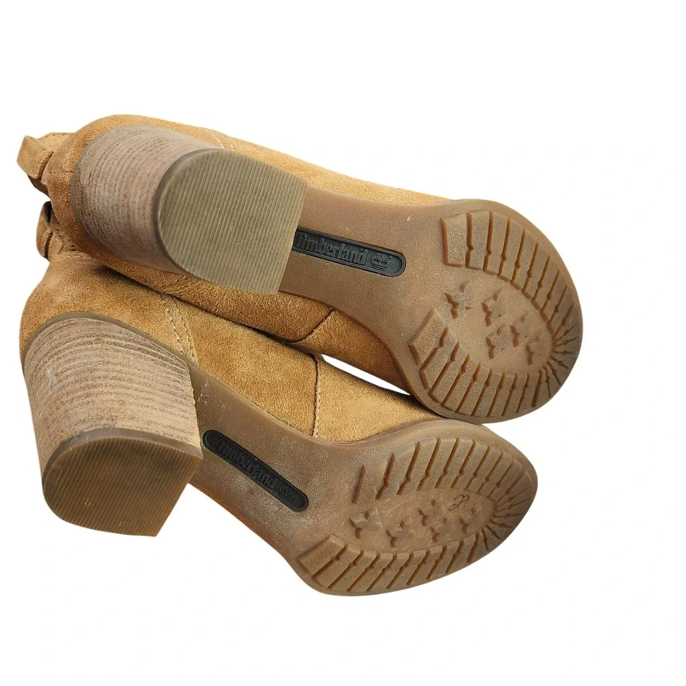 Timberland Suede Laser‎ Cut Buckle Ankle Boots Women's US 7.5 Tan Block Heel